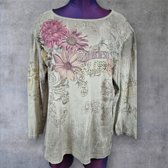 Vintage Mona Lisa Mint Green Majesty Florist Y2K 3/4 Sleeve Tee‎ Shirt Large T38 - Picture 1 of 9